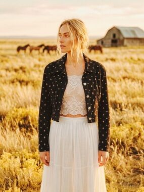 Vintage Roughrider Fringe Cropped Jacket Folk Floral Western Black Cream M USA